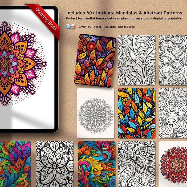 Intricate digital coloring book for iPad with mandala and abstract designs – printable and digital PDF and PNG format