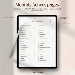 Op de afbeelding: Een digitale plannerpagina met een checklist van huidverzorgingsactieve stoffen, waaronder alfa-hydroxyzuren, b&egrave;ta-hydroxyzuren, retino&iuml;den, vitamine C en meer. De pagina is ontworpen om huidverzorgingsroutines bij te houden en bevat een kalender voor maandelijks gebruik.