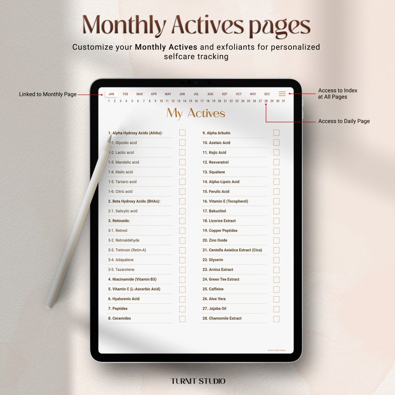 Op de afbeelding: Een digitale plannerpagina met een checklist van huidverzorgingsactieve stoffen, waaronder alfa-hydroxyzuren, b&egrave;ta-hydroxyzuren, retino&iuml;den, vitamine C en meer. De pagina is ontworpen om huidverzorgingsroutines bij te houden en bevat een kalender voor maandelijks gebruik.