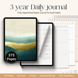 Könnte beinhalten: Ein digitales Tagebuch mit einem Aquarell-Landschaftscover. Das Tagebuch ist vollständig verlinkt und hat 375 Seiten. Es ist für die Verwendung auf einem iPad oder Tablet konzipiert.