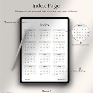 May include: A digital planner index page displayed on a tablet, showing a full-year calendar overview. The screen displays months from January to December, with links to daily pages and notes. A white stylus is on the screen. Text includes "Index Page" and "Planner B".