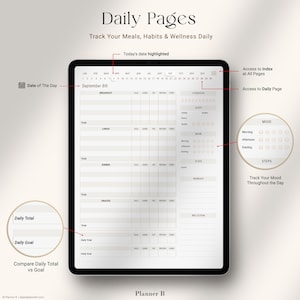 Daily Food Diary Daily Page View — Track meals, calories, macros, hydration, sleep quality, mood, steps, workout, and reflections on a single daily page. Includes section to compare daily total with goals.