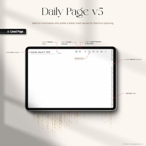 May include: A digital planner interface with the text "Daily Page v5." The screen displays a lined page with navigation icons, a date display, and monthly tabs. The design is minimalist, with a focus on free-form planning.