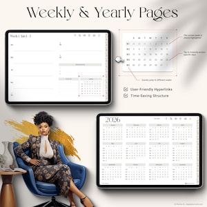 May include: Digital planner with weekly and yearly pages. The image shows a woman in a floral suit sitting in a blue chair. The planner displays a weekly layout and a 2026 calendar. Features include user-friendly hyperlinks and a time-saving structure.