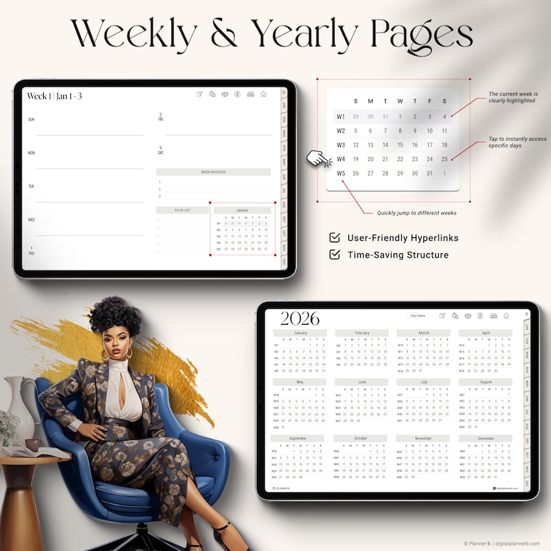 May include: Digital planner with weekly and yearly pages. The image shows a woman in a floral suit sitting in a blue chair. The planner displays a weekly layout and a 2026 calendar. Features include user-friendly hyperlinks and a time-saving structure.