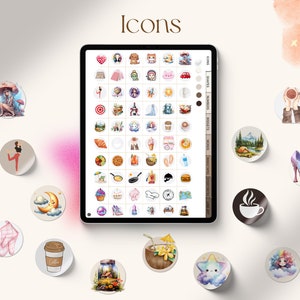 K&ouml;nnte beinhalten: Ein digitales Tablet zeigt ein Raster mit bunten Illustrationen. Die Illustrationen sind in Kategorien geordnet, darunter "Icons", "Shapes", "Nature", "Recipes", "Food", "Travel", "Home" und "Everyday".