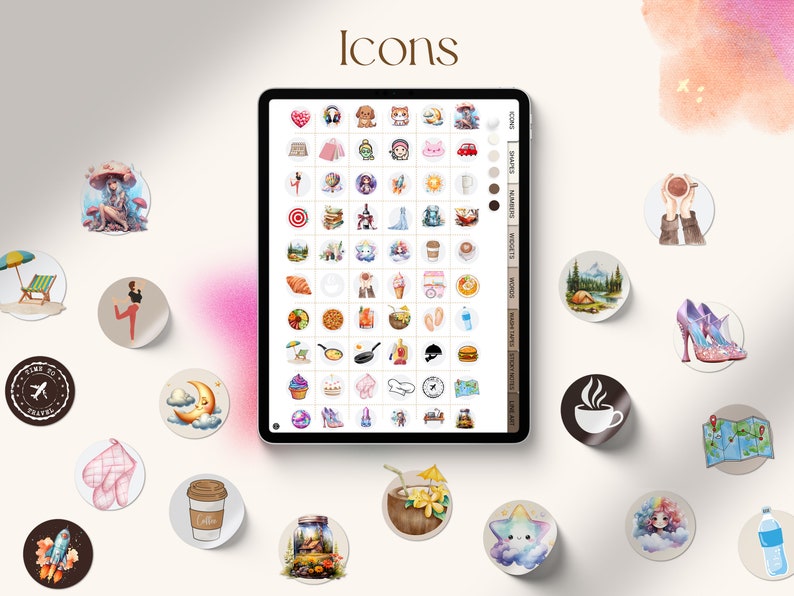 K&ouml;nnte beinhalten: Ein digitales Tablet zeigt ein Raster mit bunten Illustrationen. Die Illustrationen sind in Kategorien geordnet, darunter "Icons", "Shapes", "Nature", "Recipes", "Food", "Travel", "Home" und "Everyday".