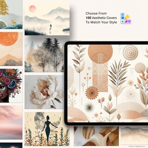 Pu&ograve; includere: Un tablet mostra una variet&agrave; di design di copertine estetiche, tra cui arte floreale e astratta in tonalit&agrave; neutre. Il testo recita: "Scegli tra 100 copertine estetiche per abbinare il tuo stile."