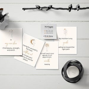 May include: Four inspirational cards with gold lettering and illustrations on a white wooden surface. The cards feature quotes about self-care, intuition, and finding beauty within. The text on the cards reads: "In my own skin I find beauty, strength, and worth", "Caring for yourself is the most selfless act or it fuels your capacity to care for others", "Put self-care in your agenda, it's an appointment worth keeping", and "My intuition is my guide leading me toward the right path".