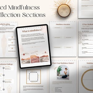 Guided mindfulness journal pages showing reflection sections, breathing exercises, mindfulness intention, and meditation challenges for daily self-awareness practice.