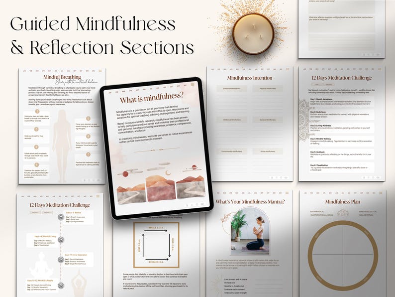 Guided mindfulness journal pages showing reflection sections, breathing exercises, mindfulness intention, and meditation challenges for daily self-awareness practice.