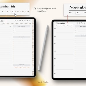 Undated Black Girl Digital Planner with hyperlinked daily and weekly pages for November, featuring hourly schedule layouts, notes section, and easy navigation tabs for Goodnotes and Notability on iPad.