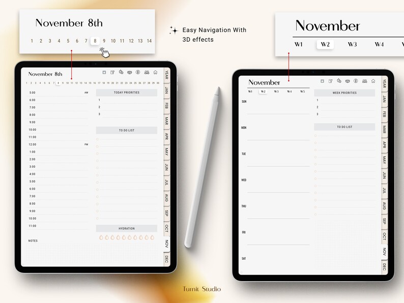 Undated Black Girl Digital Planner with hyperlinked daily and weekly pages for November, featuring hourly schedule layouts, notes section, and easy navigation tabs for Goodnotes and Notability on iPad.