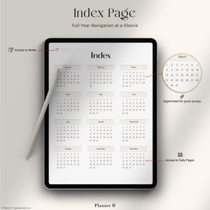 Index page of a digital food diary journal displayed on an iPad, featuring a full-year overview with hyperlinked monthly calendars for quick access to daily pages and notes. Designed for use in Goodnotes and similar apps.