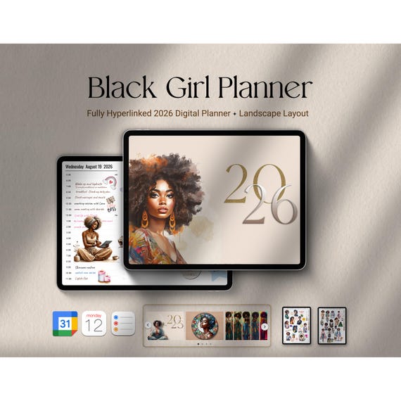 2026 Black Girl Digital Planner – Landscape Layout (iPad, Goodnotes, Notability)