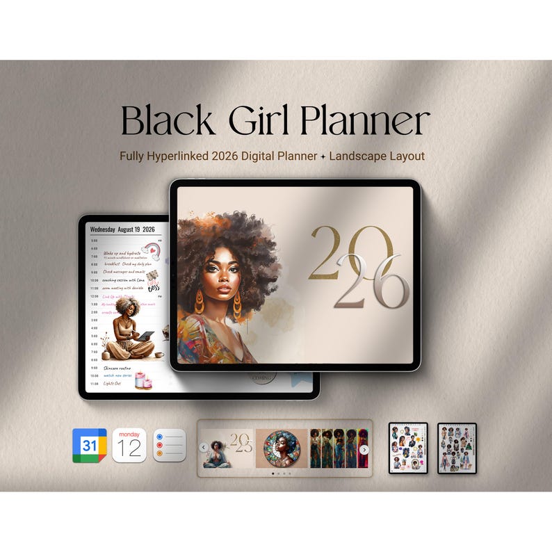 Black Girl 2026 Digital Planner displayed on iPad mockups with weekly, yearly and daily pages, landscape layout, hyperlinked tabs, aesthetic cover and sticker preview.