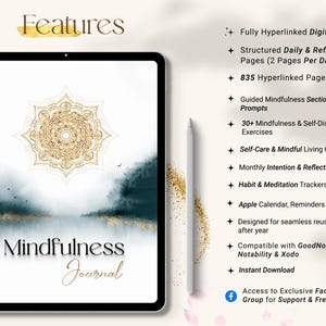 Mindfulness journal features including 835 hyperlinked pages, daily and reflection layouts, Apple Calendar integration, and guided mindfulness prompts for iPad users.