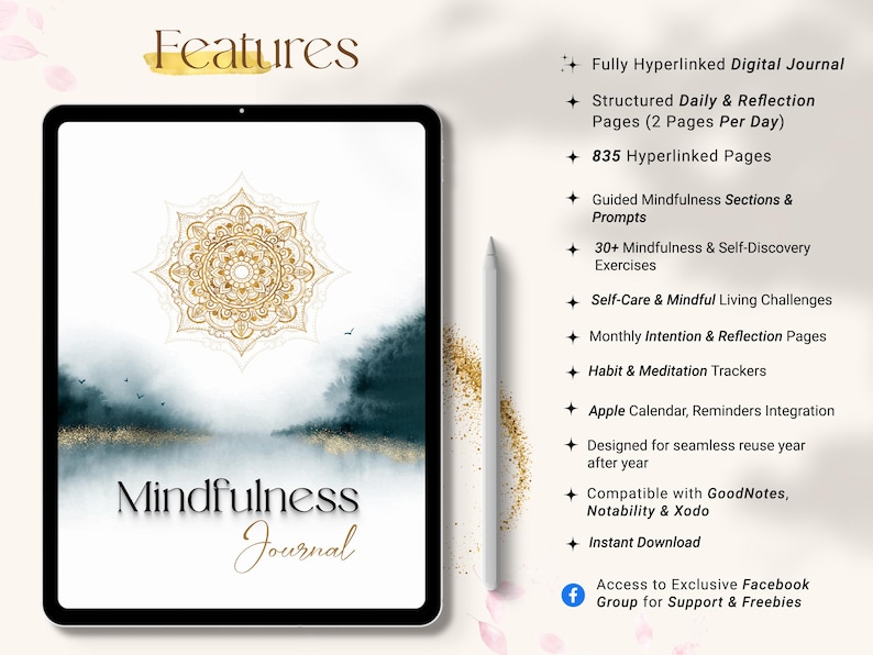Mindfulness journal features including 835 hyperlinked pages, daily and reflection layouts, Apple Calendar integration, and guided mindfulness prompts for iPad users.
