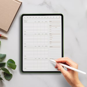 May include: A digital tablet with a green border displays a daily planner app. The app has sections for breakfast, lunch, dinner, snacks, water, sleep, mood, steps, workout, and reflection. The tablet is on a white marble surface.