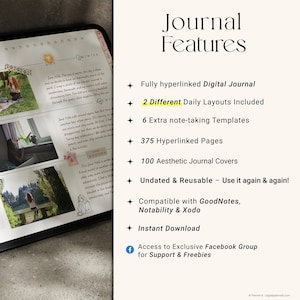 Pu&ograve; includere: Diario digitale su tablet con il testo "Journal Features". Include un diario digitale completamente ipertestuale, 2 layout giornalieri, 6 modelli per prendere appunti, 375 pagine e 100 copertine.