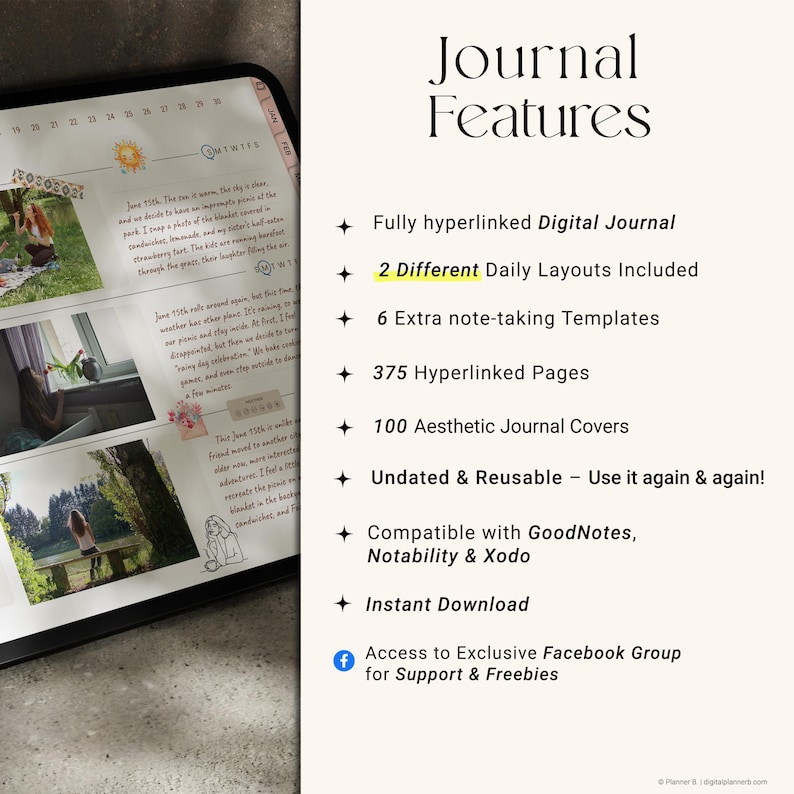 Pu&ograve; includere: Diario digitale su tablet con il testo "Journal Features". Include un diario digitale completamente ipertestuale, 2 layout giornalieri, 6 modelli per prendere appunti, 375 pagine e 100 copertine.