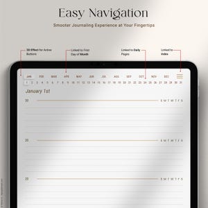 May include: A digital calendar app interface with a calendar view for the month of January. The calendar is displayed on a tablet device with a white background and black text. The calendar includes the days of the week, the numbers 1 through 31, and the months of the year. The calendar also includes a button for the first day of the month, a button for daily pages, and a button for an index.