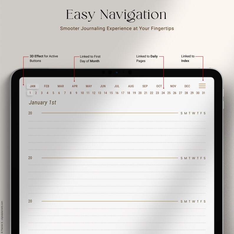 May include: A digital calendar app interface with a calendar view for the month of January. The calendar is displayed on a tablet device with a white background and black text. The calendar includes the days of the week, the numbers 1 through 31, and the months of the year. The calendar also includes a button for the first day of the month, a button for daily pages, and a button for an index.