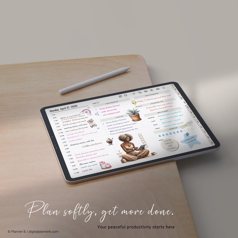 May include: A digital planner on a tablet with a stylus, featuring a daily schedule and illustrations. The screen displays a detailed agenda with text and graphics. The phrase "Plan softly, get more done" is written at the bottom.