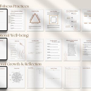 Puede incluir: Un planificador digital imprimible con secciones para pr&aacute;cticas de mindfulness, bienestar emocional y crecimiento personal y reflexi&oacute;n. Las p&aacute;ginas est&aacute;n decoradas con un dise&ntilde;o minimalista con l&iacute;neas marrones y un motivo floral.