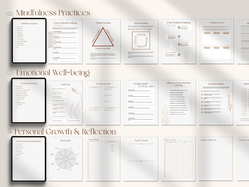 Puede incluir: Un planificador digital imprimible con secciones para pr&aacute;cticas de mindfulness, bienestar emocional y crecimiento personal y reflexi&oacute;n. Las p&aacute;ginas est&aacute;n decoradas con un dise&ntilde;o minimalista con l&iacute;neas marrones y un motivo floral.