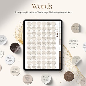 K&ouml;nnte beinhalten: Eine digitale Planerseite mit einer Vielzahl von motivierenden Aufklebern. Die Aufkleber sind rund und zeigen positive Affirmationen wie "You Are Worthy", "Keep Going", "Plan Wins" und "Fear Has No Place".