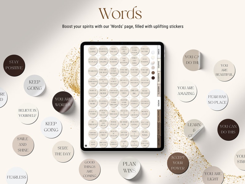 K&ouml;nnte beinhalten: Eine digitale Planerseite mit einer Vielzahl von motivierenden Aufklebern. Die Aufkleber sind rund und zeigen positive Affirmationen wie "You Are Worthy", "Keep Going", "Plan Wins" und "Fear Has No Place".