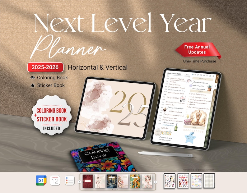 Next Level Year Digital Planner 2025–2026 for iPad – Horizontal & Vertical layouts with stickers and coloring book included