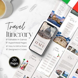 Modelo de itinerário de viagem, guia de viagem para impressão, planejador de agente de viagens, planejador de férias minimalista moderno, modelo Canva editável