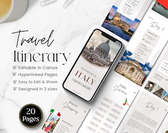 Plantilla de itinerario de viaje editable: Planificador de vacaciones moderno (Canva, descarga digital)