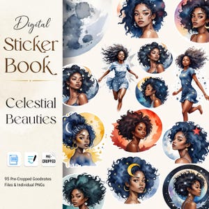 Black Girl Digital Stickers, Digital Stickers Goodnotes, Png Stickers, Goodnotes Stickers, Hyperlinked Black Woman Sticker Book