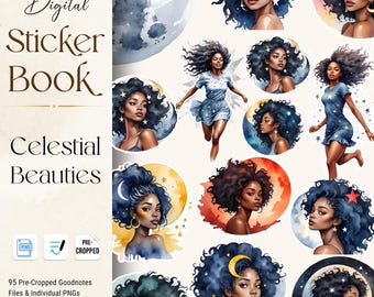 Pegatinas digitales de Black Girl: Libro de pegatinas celestiales de Goodnotes (PNG)