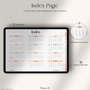 Pu&ograve; includere: Una pagina indice di pianificatore digitale visualizzata su un tablet. La pagina presenta un layout di calendario annuale con mesi etichettati e codificati a colori. Il testo in alto recita "Index Page" e "A clean yearly index designed for fast navigation."