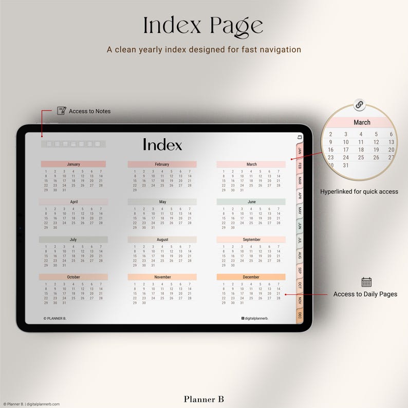 Pu&ograve; includere: Una pagina indice di pianificatore digitale visualizzata su un tablet. La pagina presenta un layout di calendario annuale con mesi etichettati e codificati a colori. Il testo in alto recita "Index Page" e "A clean yearly index designed for fast navigation."