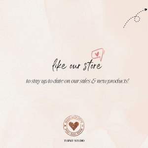 May include: A soft pink background with the words "like our store" in a handwritten style. The text "to stay up to date on our sales & new products!" is below. A heart-shaped speech bubble and a circular stamp are also visible.