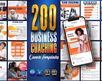 May include: A collage of 200 Canva templates for business coaching. The templates feature a variety of designs, including images of people, text, and graphics. The templates are designed to help business coaches create professional and engaging content for their clients.