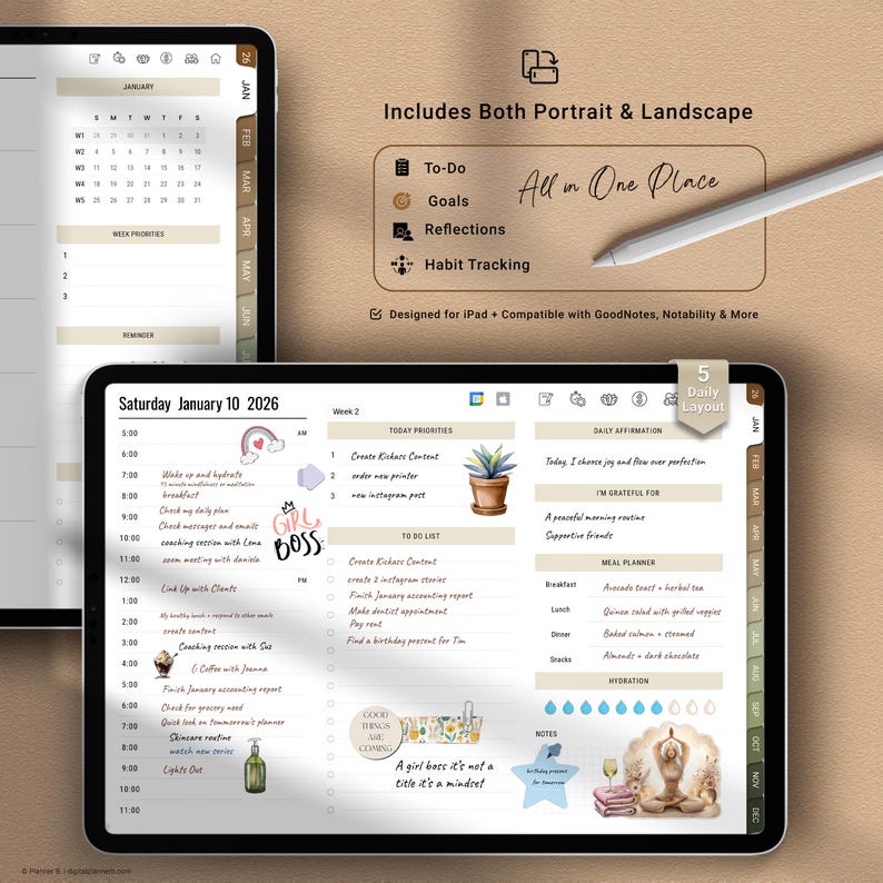 Digital planner showing both portrait and landscape modes – combines to-do list, goals, reflections, and habit tracking in one place