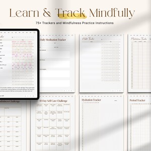 Puede incluir: Un conjunto de rastreadores digitales imprimibles para el seguimiento de h&aacute;bitos, meditaci&oacute;n, cuidado personal, hidrataci&oacute;n y per&iacute;odos. Los rastreadores est&aacute;n dise&ntilde;ados con una est&eacute;tica minimalista y presentan un esquema de color dorado y blanco. El texto "Learn & Track Mindfully" est&aacute; en la parte superior de la imagen.