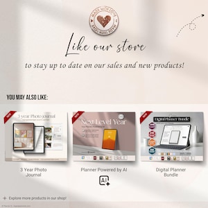 Like our store to stay updated on sales and new products. Featured items: 3-year photo journal, AI-powered planner, and digital planner bundle