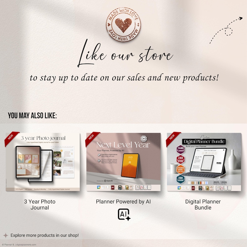 Like our store to stay updated on sales and new products. Featured items: 3-year photo journal, AI-powered planner, and digital planner bundle