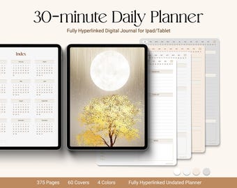 Könnte beinhalten: Ein digitaler Tagesplaner mit 375 Seiten, 60 Covern und 4 Farben. Der Planer ist vollständig verlinkt und undatiert. Das Titelbild zeigt einen goldenen Baum mit einem Vollmond im Hintergrund.