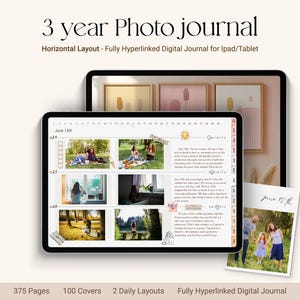 Pu&ograve; includere: Un diario fotografico digitale per iPad o tablet, con layout orizzontale. L'immagine mostra un tablet che mostra una voce di diario con foto e testo. Il testo recita "3 year Photo journal" e "Horizontal Layout - Fully Hyperlinked Digital Journal for Ipad/Tablet."