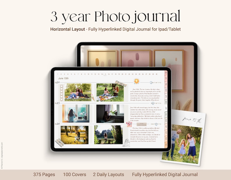Pu&ograve; includere: Un diario fotografico digitale per iPad o tablet, con layout orizzontale. L'immagine mostra un tablet che mostra una voce di diario con foto e testo. Il testo recita "3 year Photo journal" e "Horizontal Layout - Fully Hyperlinked Digital Journal for Ipad/Tablet."