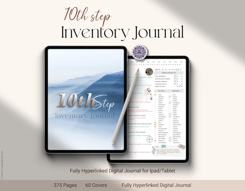 May include: Two digital tablets displaying a journal. The first tablet shows a blue and white mountain scene with the text "10th Step Inventory Journal." The second tablet displays a journal page with a checklist. A stylus rests on the tablets.