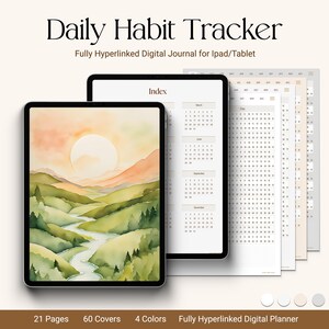 Può includere: Un planner digitale con una copertina di paesaggio ad acquerello. Il planner è completamente ipercollegato e include 21 pagine, 60 copertine e 4 colori. Il testo "Daily Habit Tracker" e "Index" è visibile sul planner.